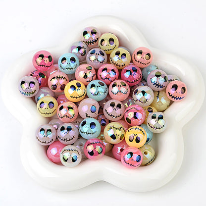 100Pcs Halloween Plated Skull Smiley Face Through Hole Round Beaded DIY Mobile Phone Chain Keychain Accessories Decorative Loose Beads