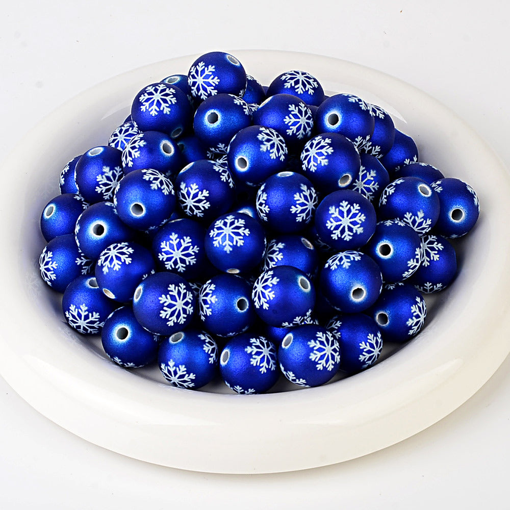 100Pcs matte feel paint Christmas series three-sided printing snowflake straight hole round bead DIY jewelry mobile phone chain bead pen accessories