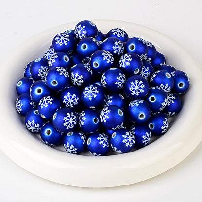 100Pcs matte feel paint Christmas series three-sided printing snowflake straight hole round bead DIY jewelry mobile phone chain bead pen accessories