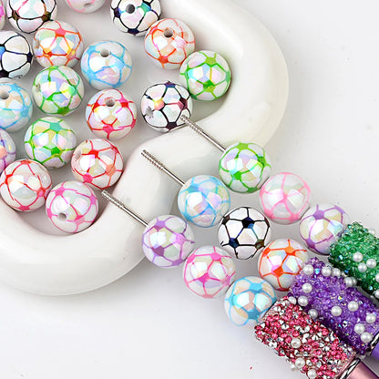 100Pcs 16MM color-plated printed football straight-hole beads DIY jewelry mobile phone chain beaded keychain bag chain accessories