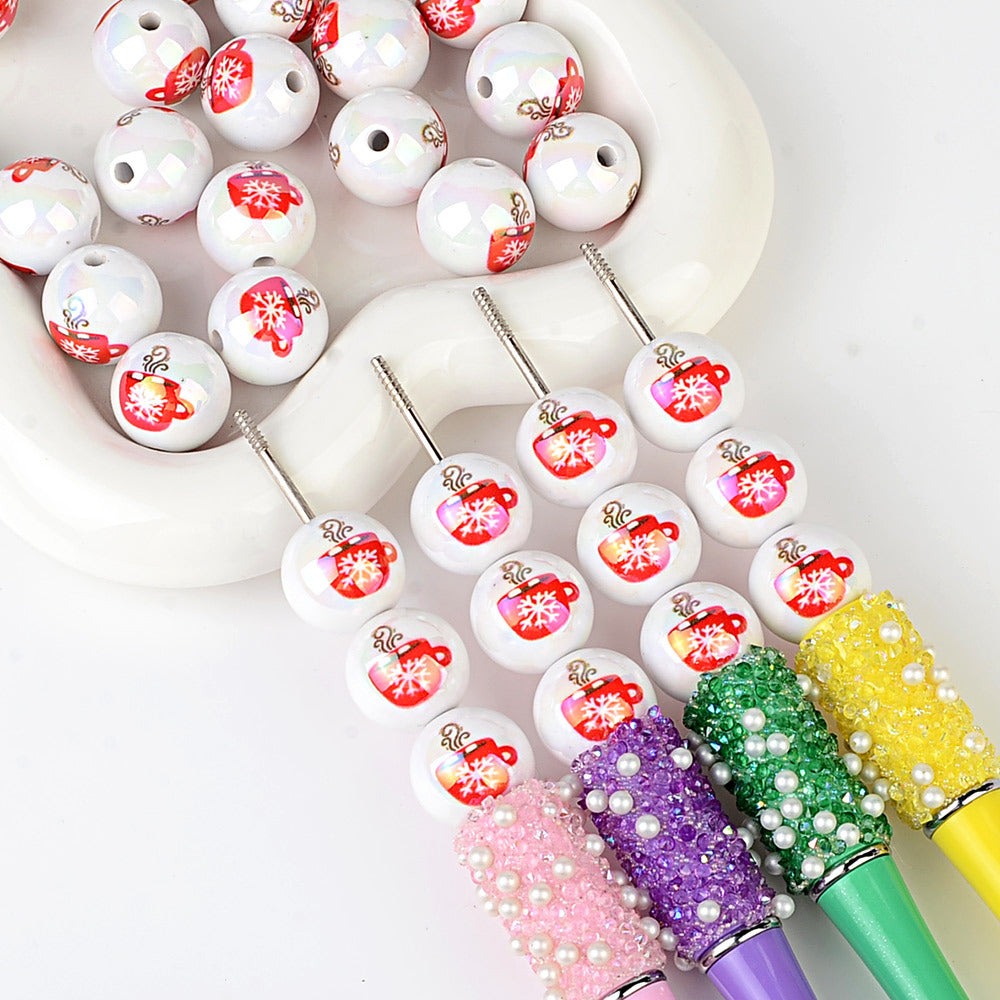 100Pcs 16mm acrylic printed Christmas snowflake coffee cup pattern round bead DIY bead pen mobile phone chain key accessories