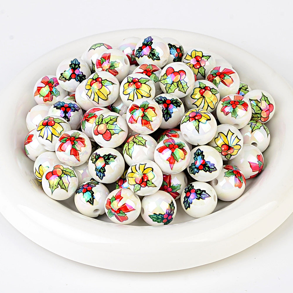 100Pcs Christmas elements printed round beads Santa Claus Christmas tree gingerbread man various acrylic beaded ornaments wholesale