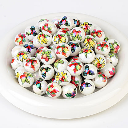 100Pcs Christmas elements printed round beads Santa Claus Christmas tree gingerbread man various acrylic beaded ornaments wholesale
