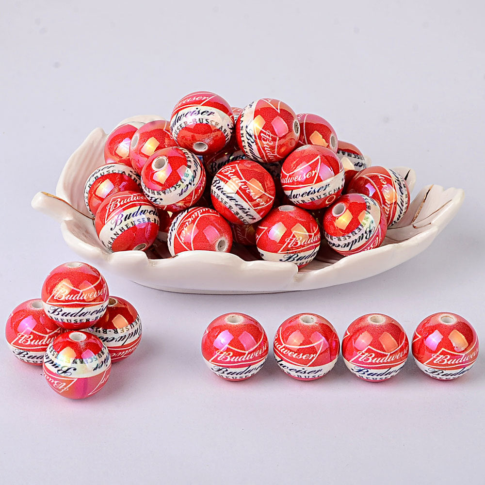 100Pcs 16mm acrylic printing red Budweiser straight hole round beads DIY mobile phone chain keychain bead jewelry accessories