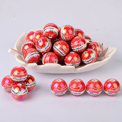 100Pcs 16mm acrylic printing red Budweiser straight hole round beads DIY mobile phone chain keychain bead jewelry accessories