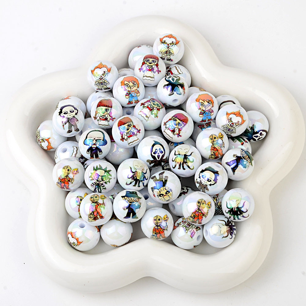 100Pcs Halloween dark cartoon character printed acrylic round beads flat piece mixed DIY handmade accessories wholesale