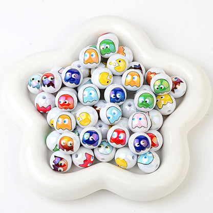 100Pcs 16mm acrylic solid color printing Pac-Man ghost straight hole round beads DIY handmade beaded jewelry accessories loose beads