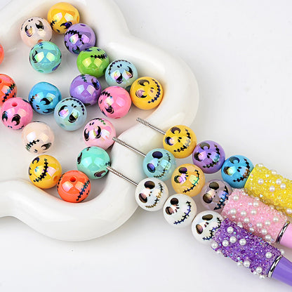 100Pcs Halloween Plated Skull Smiley Face Through Hole Round Beaded DIY Mobile Phone Chain Keychain Accessories Decorative Loose Beads