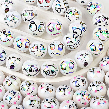 100Pcs new funny expression printed beads smiley eyes cartoon beaded DIY bracelet keychain loose beads beaded wholesale