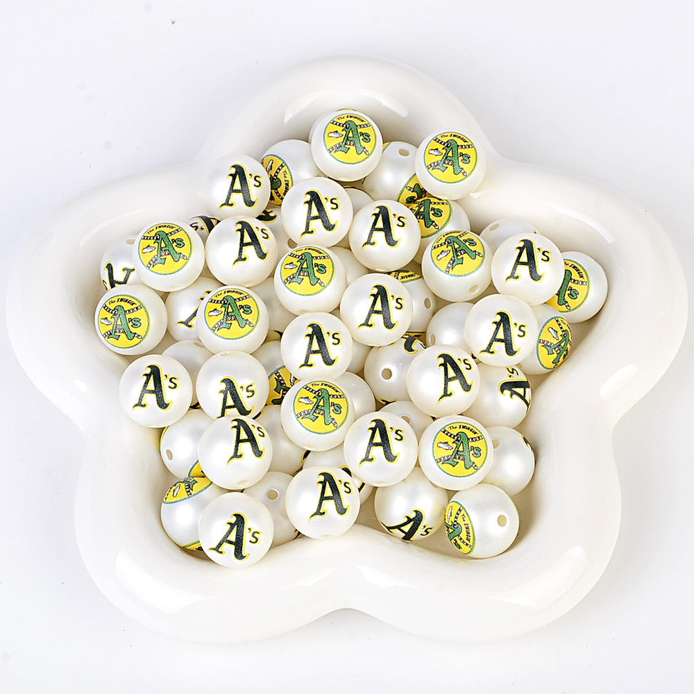 100Pcs 16mm frosted printing MLB baseball league round beads loose beads DIY bead pen car hanging baseball team accessories