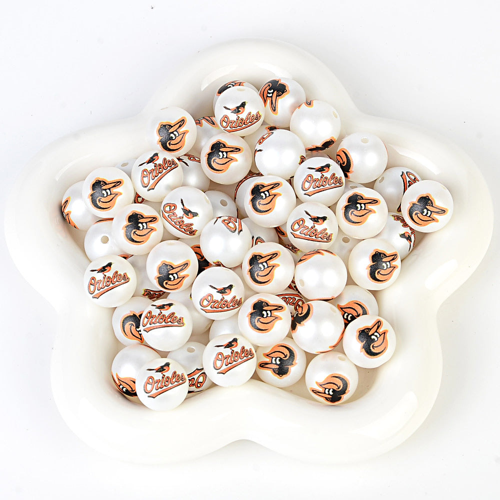 100Pcs 16mm frosted printing MLB baseball league round beads loose beads DIY bead pen car hanging baseball team accessories