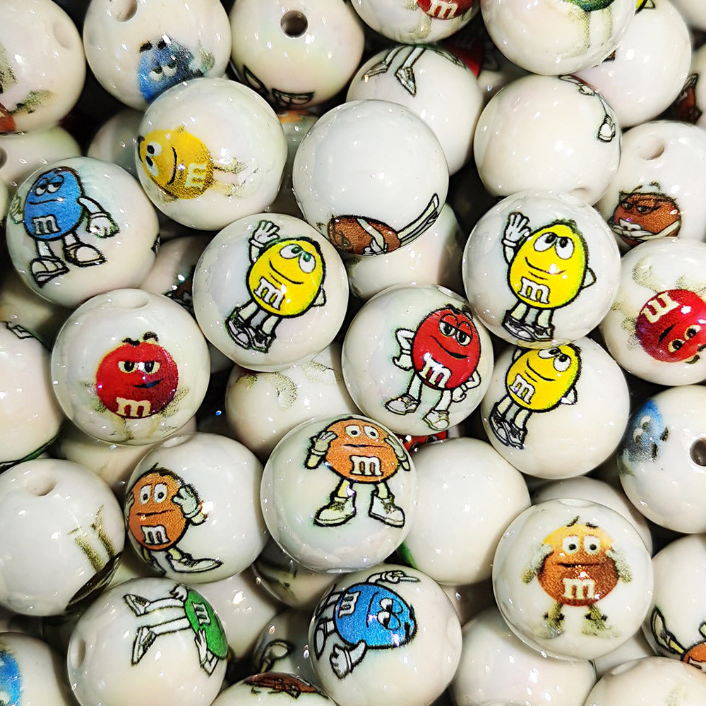 100Pcs 16mm acrylic cartoon M bean printing round beads DIY beaded loose beads mobile phone chain keychain accessories