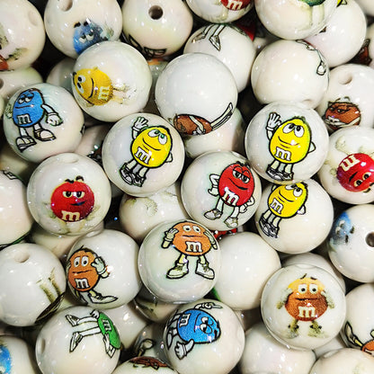 100Pcs 16mm acrylic cartoon M bean printing round beads DIY beaded loose beads mobile phone chain keychain accessories