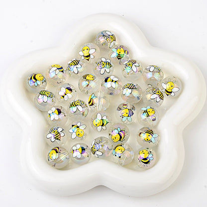 100Pcs acrylic plated cute little bee through hole round beads DIY handmade beaded necklace earrings bracelet accessories loose beads