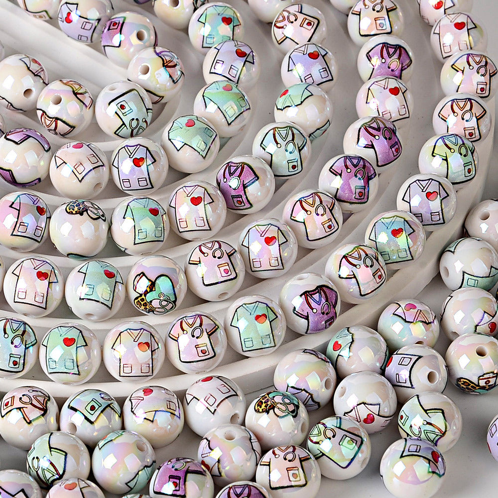 100Pcs 16mm acrylic UV printing nurse clothing straight hole round beads DIY mobile phone rope keychain bead pen accessories