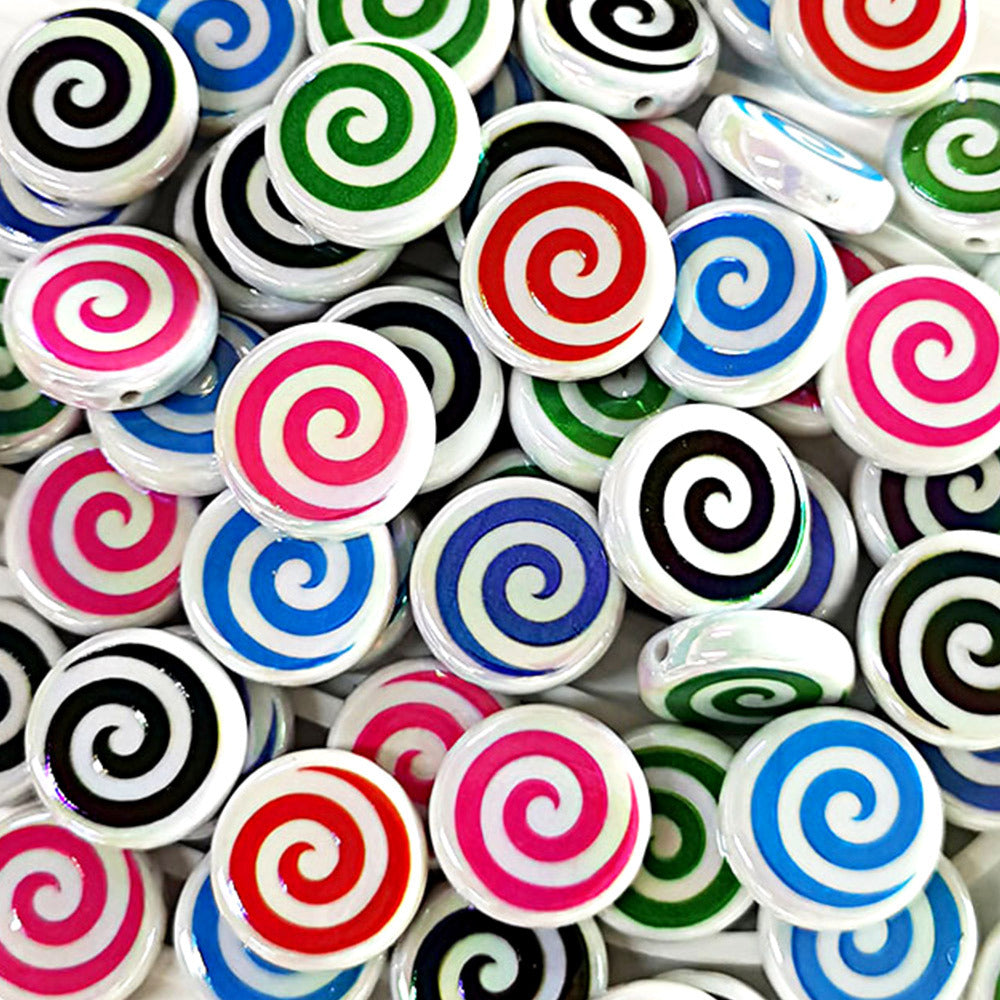 100Pcs acrylic color-plated double-sided printing whirlwind donut straight-hole beads, biscuit beads DIY mobile phone chain jewelry accessories