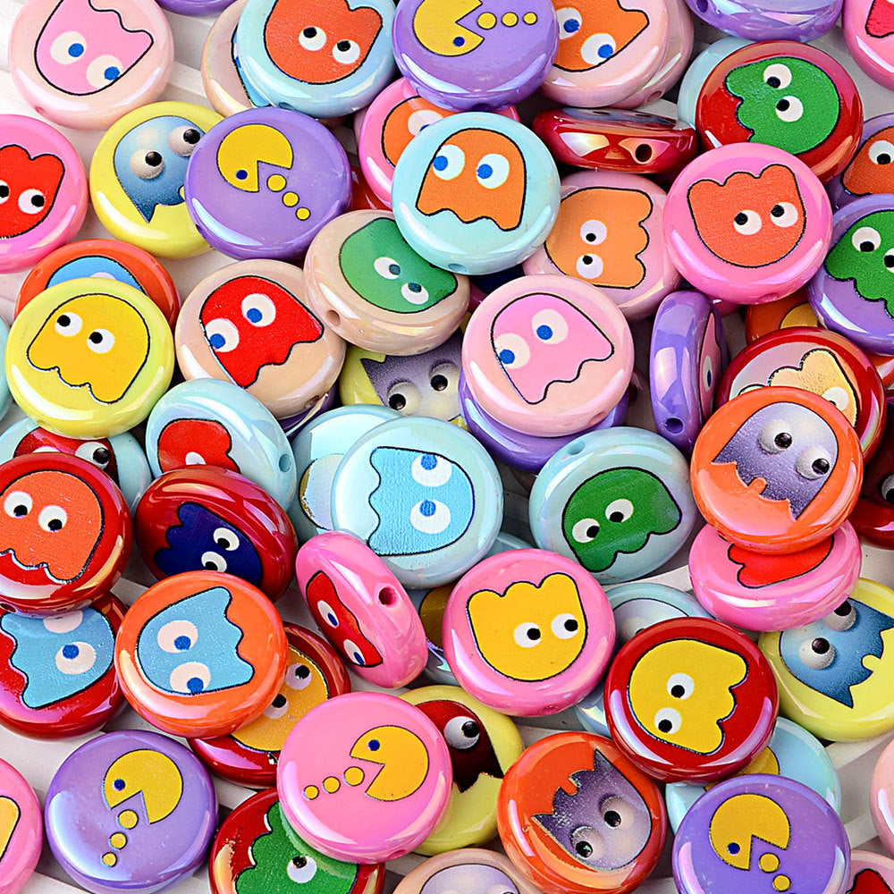 100Pcs 16mm acrylic solid color printing Pac-Man ghost straight hole round beads DIY handmade beaded jewelry accessories loose beads