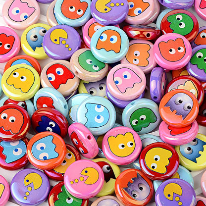 100Pcs 16mm acrylic solid color printing Pac-Man ghost straight hole round beads DIY handmade beaded jewelry accessories loose beads