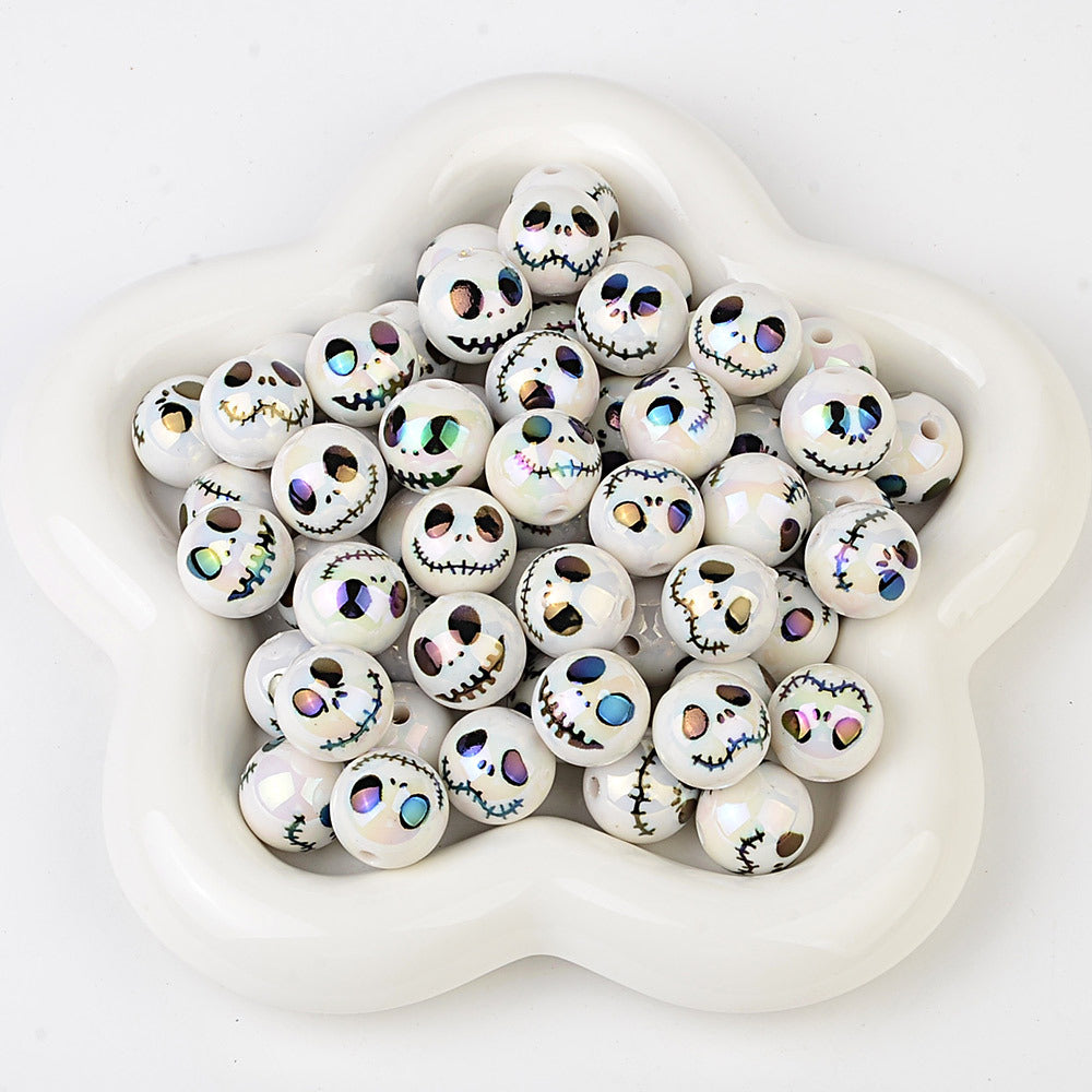 100Pcs Halloween Plated Skull Smiley Face Through Hole Round Beaded DIY Mobile Phone Chain Keychain Accessories Decorative Loose Beads