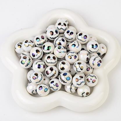 100Pcs Halloween Plated Skull Smiley Face Through Hole Round Beaded DIY Mobile Phone Chain Keychain Accessories Decorative Loose Beads
