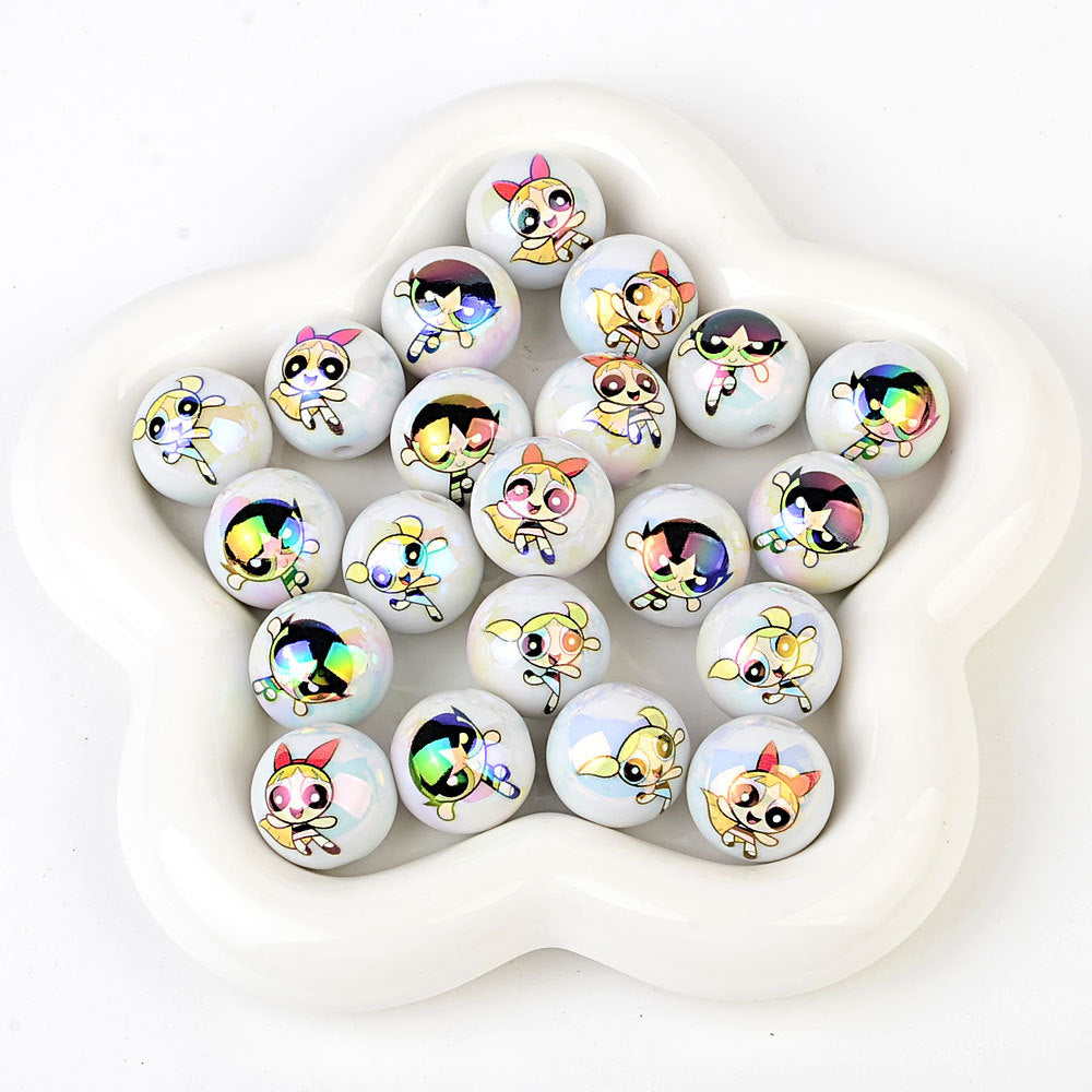 100Pcs acrylic printing cartoon flying police girl straight hole round beads DIY handmade jewelry accessories spot wholesale