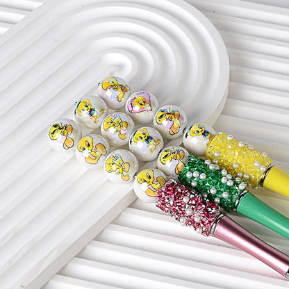 100Pcs 16mm acrylic solid color printing cartoon small yellow bird straight hole round beads, sub handmade DIY mobile phone rope jewelry accessories