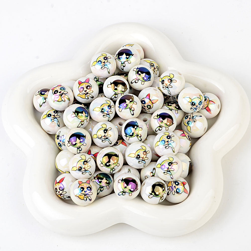 100Pcs acrylic printing cartoon flying police girl straight hole round beads DIY handmade jewelry accessories spot wholesale