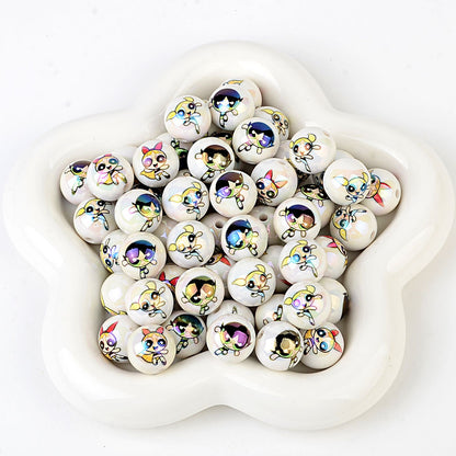 100Pcs acrylic printing cartoon flying police girl straight hole round beads DIY handmade jewelry accessories spot wholesale