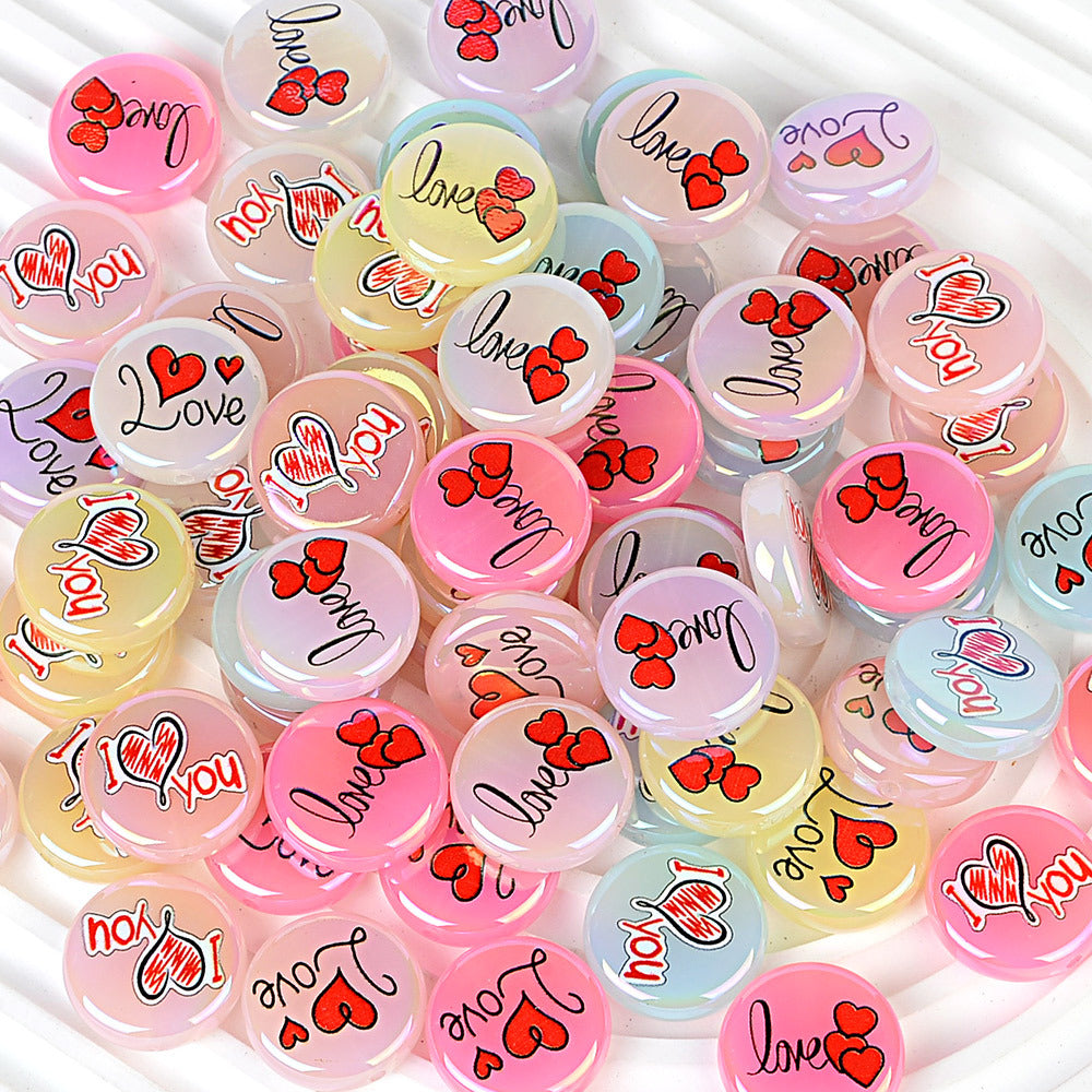 100Pcs acrylic plated Valentine's Day love love printing straight hole round cake beads DIY bead pen jewelry accessories material