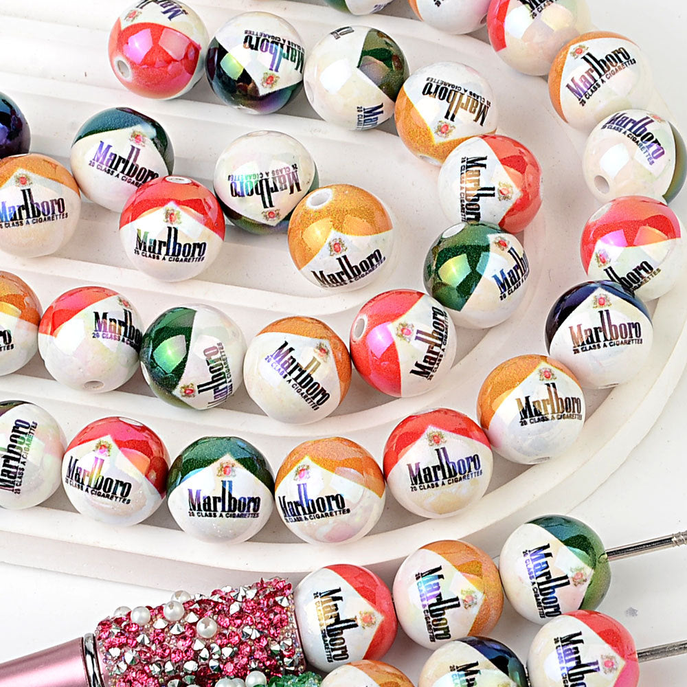 100Pcs 16mm UV plated Marlboro logo beads DIY handmade beaded loose bead string pen mobile phone chain jewelry accessories