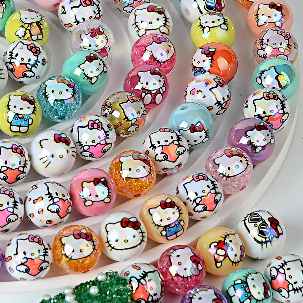 100Pcs printed Sanrio Hello Kitty hallo KT straight hole round beads DIY jewelry loose beads mobile phone chain bead pen accessories