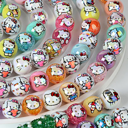 100Pcs printed Sanrio Hello Kitty hallo KT straight hole round beads DIY jewelry loose beads mobile phone chain bead pen accessories