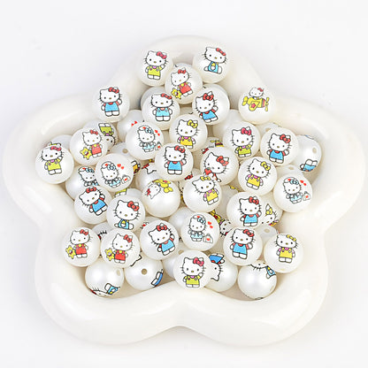 100Pcs printed Sanrio Hello Kitty hallo KT straight hole round beads DIY jewelry loose beads mobile phone chain bead pen accessories