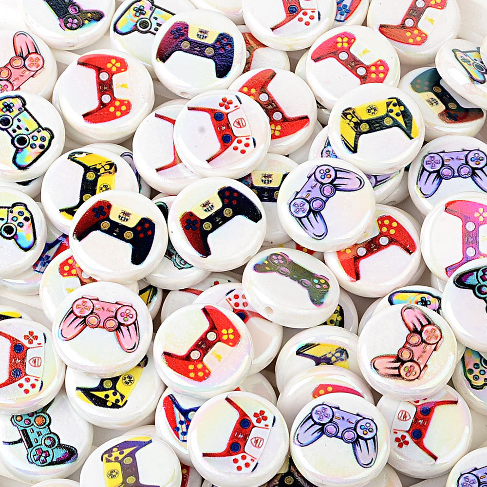100Pcs 16mm acrylic printed cartoon gamepad straight hole round beads DIY handmade beaded jewelry accessories material