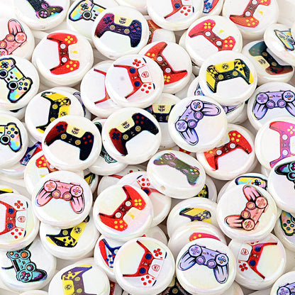 100Pcs 16mm acrylic printed cartoon gamepad straight hole round beads DIY handmade beaded jewelry accessories material