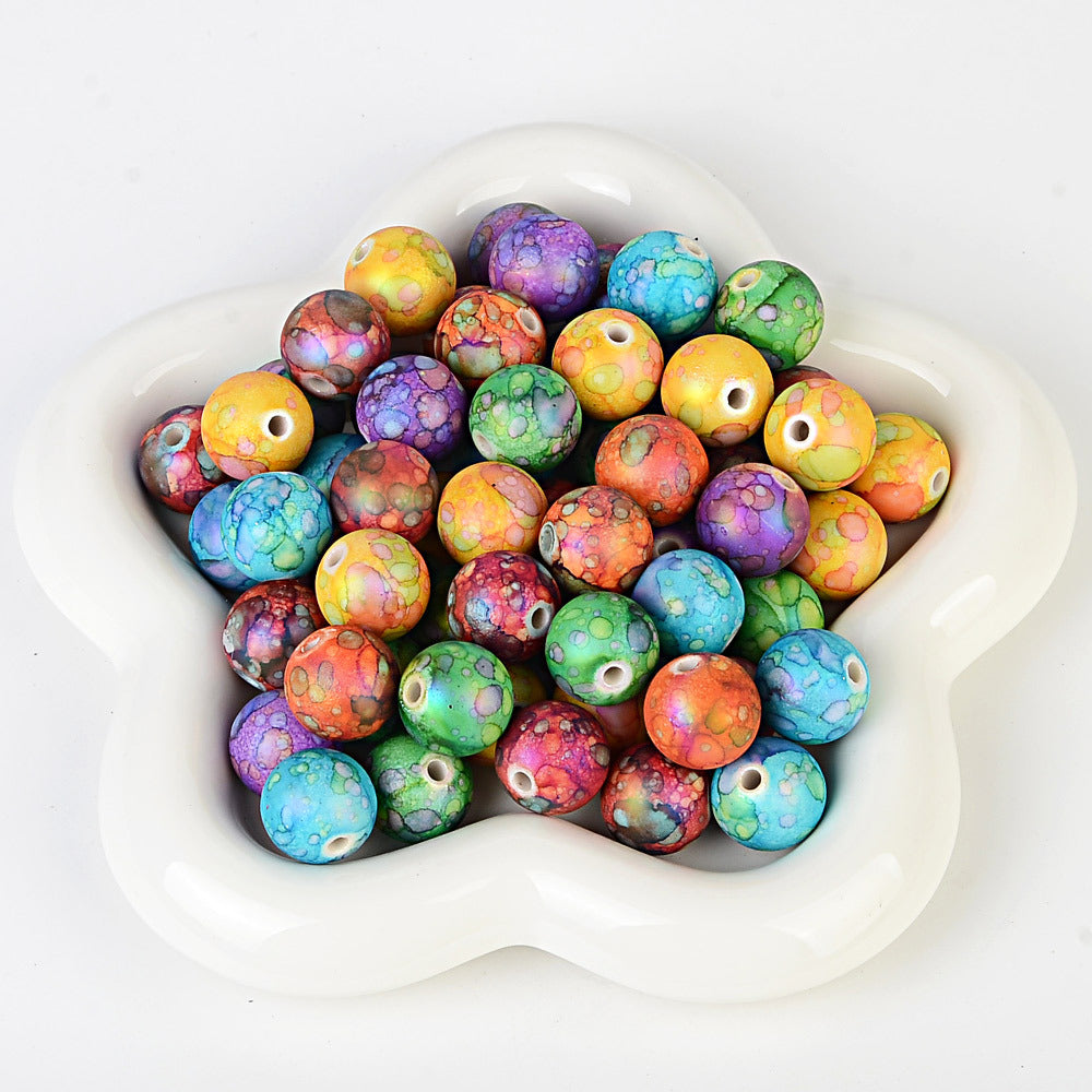 100Pcs acrylic feel gradual change color imitation ceramic flower beads straight hole pattern round beads beaded DIY bracelet necklace jewelry