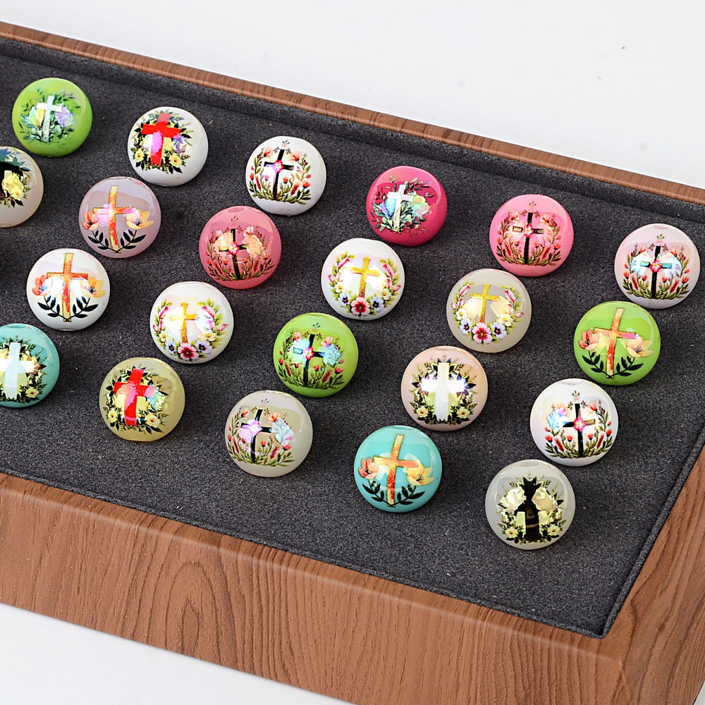 100Pcs new printed cross beaded fashionable versatile acrylic round beads high value DIY mobile phone chain printed loose beads