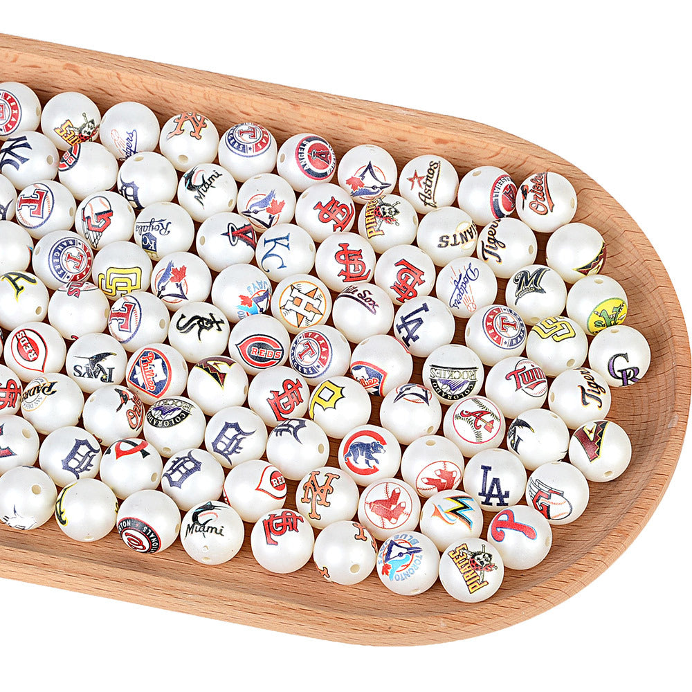100Pcs 16mm frosted printing MLB baseball league round beads loose beads DIY bead pen car hanging baseball team accessories