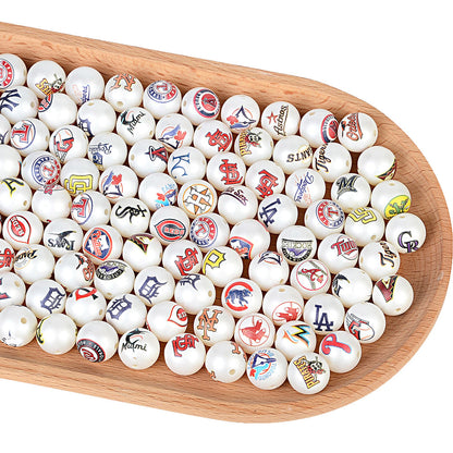 100Pcs 16mm frosted printing MLB baseball league round beads loose beads DIY bead pen car hanging baseball team accessories