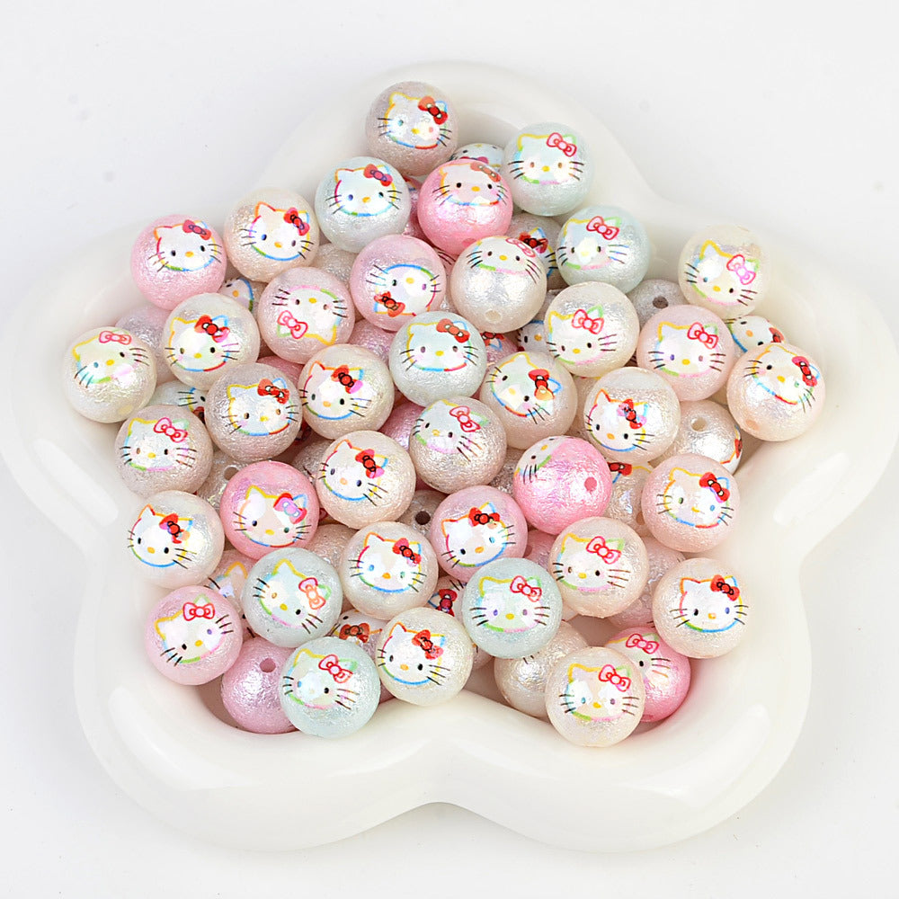 100Pcs printed Sanrio Hello Kitty hallo KT straight hole round beads DIY jewelry loose beads mobile phone chain bead pen accessories