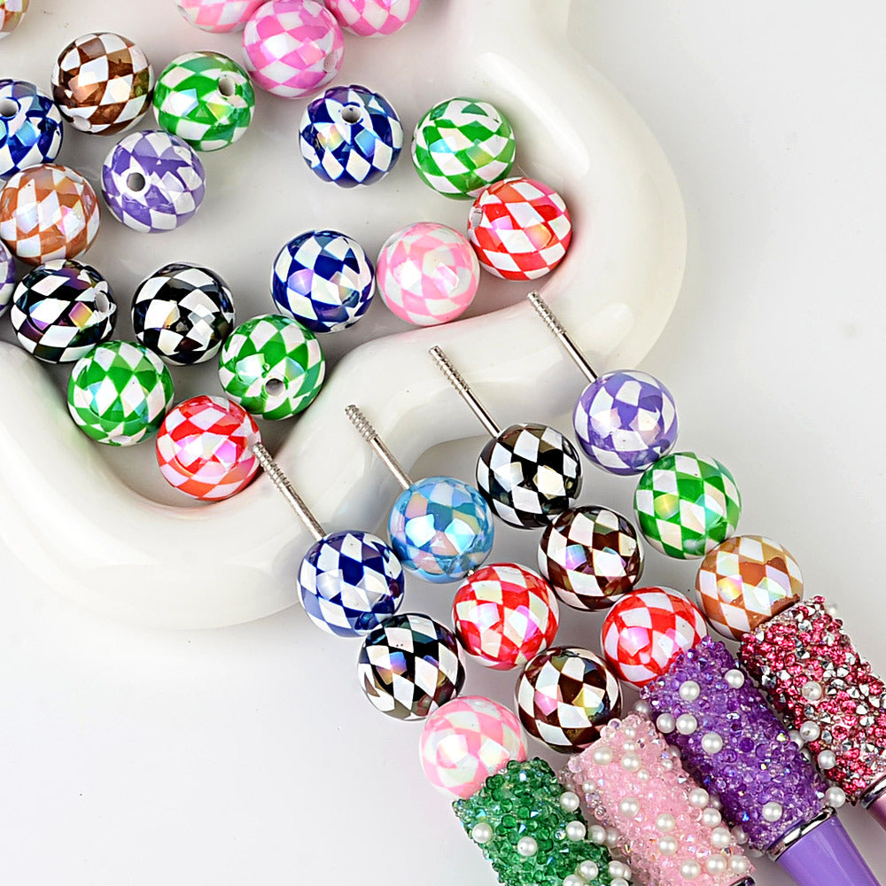 100Pcs 16mm UV rhombus grid through hole round beads DIY handmade beaded loose bead string pen mobile phone chain jewelry accessories spot