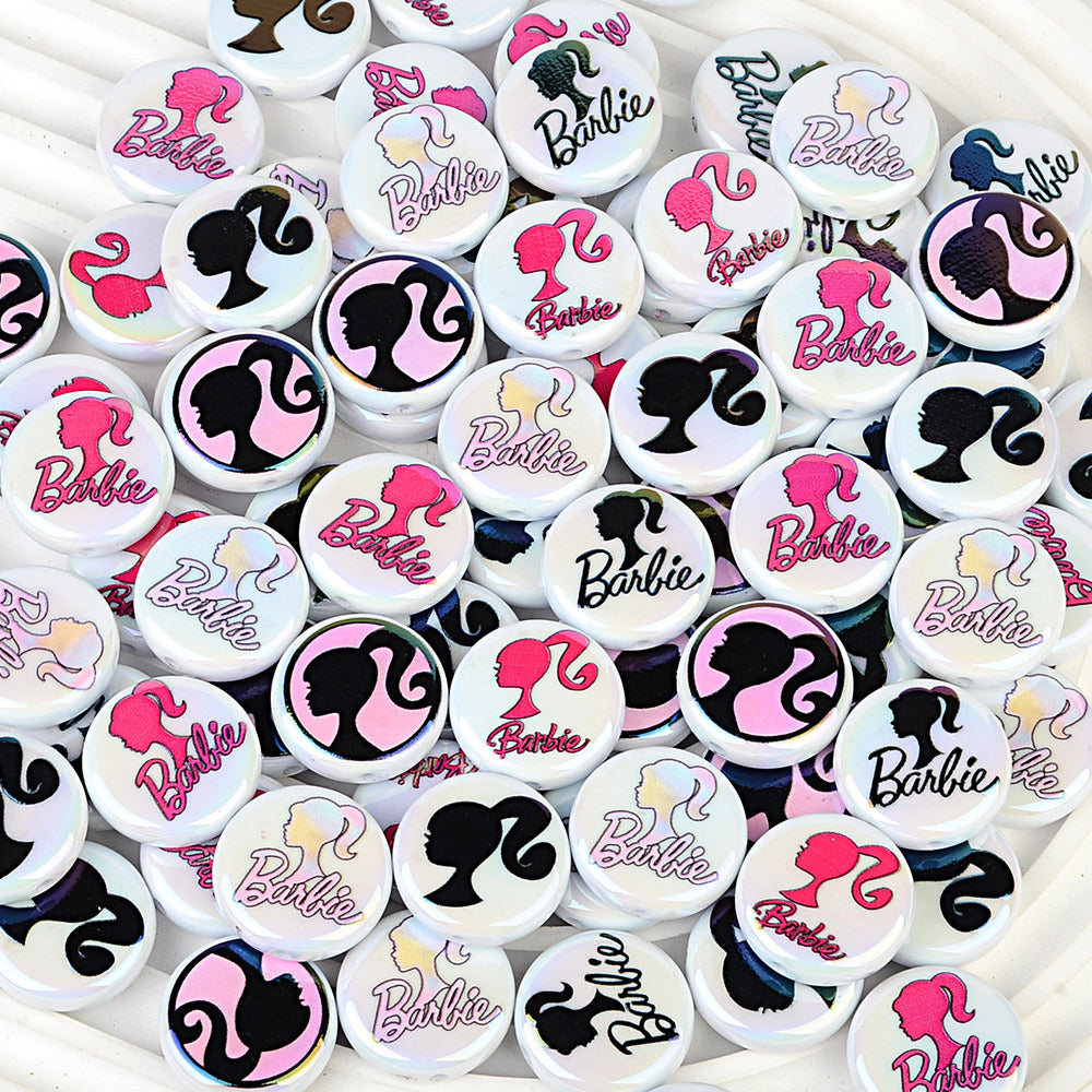 100Pcs UV plated color printing Barbie Barbie avatar straight hole round beads DIY mobile phone rope necklace jewelry loose bead accessories