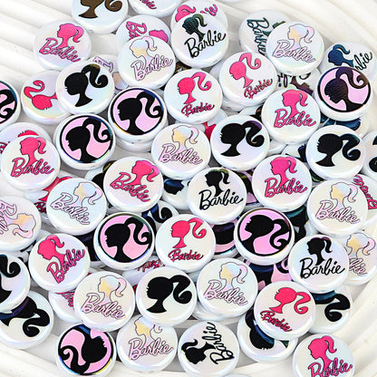 100Pcs UV plated color printing Barbie Barbie avatar straight hole round beads DIY mobile phone rope necklace jewelry loose bead accessories
