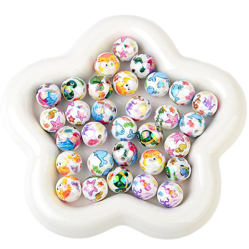 100Pcs 16mm acrylic solid color plating color printing marine biological straight hole round beads DIY mobile phone rope keychain accessories