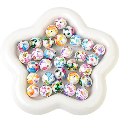 100Pcs 16mm acrylic solid color plating color printing marine biological straight hole round beads DIY mobile phone rope keychain accessories