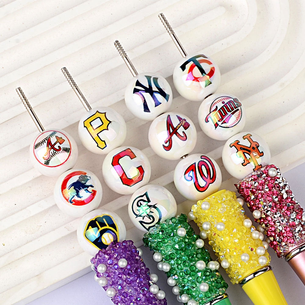 100Pcs acrylic printing MLB baseball round beads 16MM loose beads DIY bead pen car hanging accessories