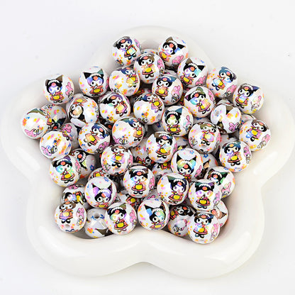 100Pcs printed Sanrio Hello Kitty hallo KT straight hole round beads DIY jewelry loose beads mobile phone chain bead pen accessories