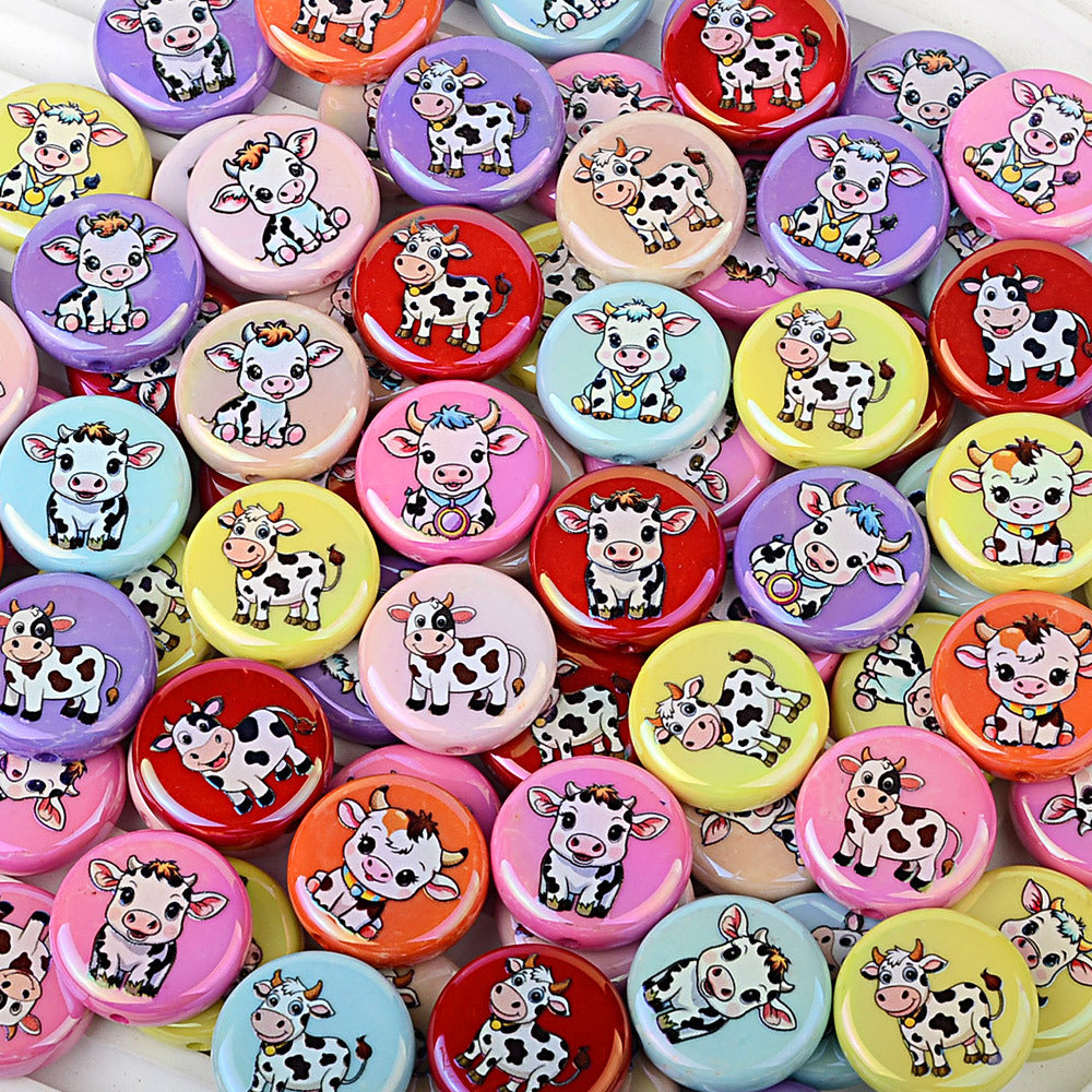 100Pcs acrylic printing cartoon small cow round vertical hole beads DIY mobile phone rope keychain string pen matching