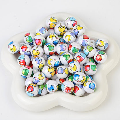 100Pcs 16mm printed Pac-Man cartoon straight hole round beads DIY Douyin live broadcast mobile phone rope keychain pen accessories