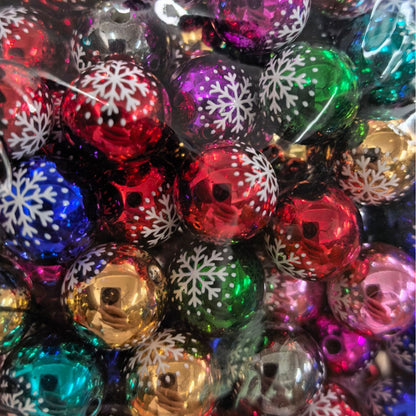 100Pcs 16mm metallic Christmas color snowflake printing round beads DIY handmade beaded loose beads mobile phone chain accessories